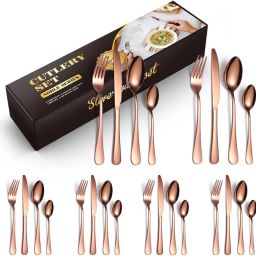 Modern Rose Gold Stainless Steel Spoon Set for Contemporary Dining of 6 (24Pcs) Stainless Steel Cutlery Set-image-40