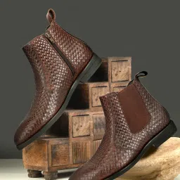 Men's Brown Weaving Leather Zip Boots Bold Texture, Sleek Style Boots For Men-picture-16
