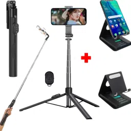 GADGETSWEAR (Combo with Metal Mobile Stand) Selfie Stick with Tripod, 360 Degree Rotating Tripod Kit-image-36