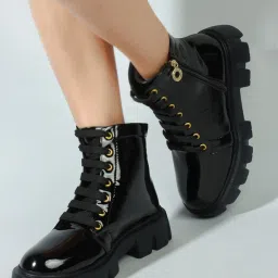 Women's Casual Patent Leather Partywear Lece up Side Zip Ankle Derby Black Boots Boots For Women-image-3