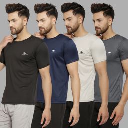 Pack of 4 Men Solid Round Neck Polyester Black, Navy Blue, Grey T-Shirt-image-98