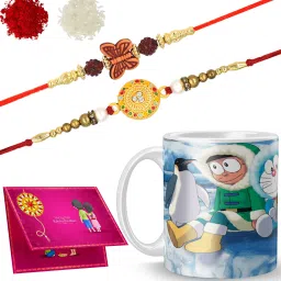 Thread Double-Dora15-M208_SR21 Gold Finish Rakhi, Chawal Roli Pack, Greeting Card, Mug Set-47