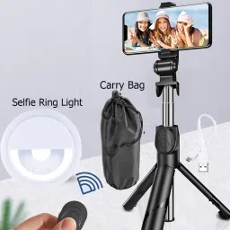POZUB New Arrival LED SELFIE RING LIGHT + 3IN1 MULTI-PURPOSE SELFIE STICK STAND + DUSTPROOF BAG Selfie Stick Remote Control Tripod Handheld Selfie Stick Holder Action Camera Stand in Gimbal Stabilizer, |in mobile holder With Mobile Clip Holder & BT Remote Extendable Monopod Live Photo Holder Tripod Multi-Use Selfie Stick Photography 3 levels Selfie LED Flash Light |in mobile holder for hand| stand for online classes Tripod Tripod-image-36