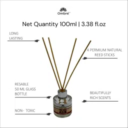 Ombre Reed Diffuser-100ml Sandalwood With 5 Natural Sticks. Ideal for Office Cabins, Home, Office, Brings Peace and Happiness . Diffuser image 4