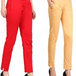 Pack of 2 Women Regular Fit Red Cotton Blend Trousers-image-99