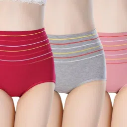 Pack of 3 High Waist Tummy Cover Ladies Brief Soft Elastic Tightly Wear Cotton Lycra Blend Women Hipster Multicolor Panty-image-4