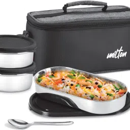 Steel Champ 2 Round Inner Steel Containers 340ml each & Oval 450ml Cutlery Black 3 Containers Lunch Box-10