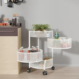 3+1 Layer Kitchen Metal Storage Rack with Wheels | Round Shape - White Iron Kitchen Trolley-picture-28