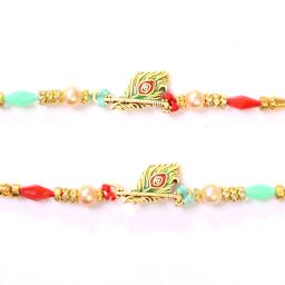 Designer pack of 2 double shaded morpankh rakhi, kanha ji rakhi Gold Finish, Assorted Rakhi, Thali, Lumba, Chawal Roli Pack Set-image-3