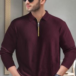 Men Solid Polo Neck Cotton Blend Maroon T-Shirt-image-9
