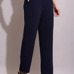 sqew Women Loose Fit Dark Blue Lycra Blend Trousers-picture-5
