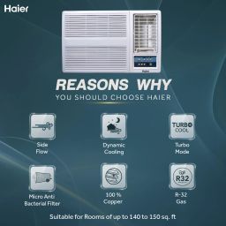 haier 2024 Model 1.5 Ton 3 Star Window with Turbo Cool, Micro-Anti Bacterial Filter, 54 High Ambient Performance, Dynamic Cooling,Side Flow AC- White image 2