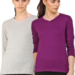 Pack of 2 Women Solid V Neck Cotton Blend Purple, Grey T-Shirt-image-92