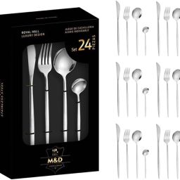 Silver Cutlery Sets with Forks, Dinner Knives, Spoons, Set of 6(24Pcs) Stainless Steel Cutlery Set-image-22
