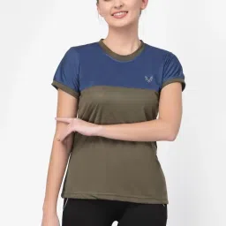 Women Colorblock Round Neck Polyester Green, Blue T-Shirt-image-46