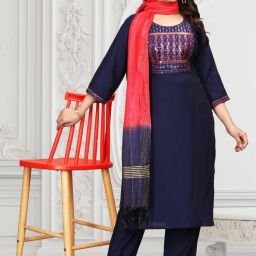 Elegant Blue Embroidered Kurta Pant Set with Red Dupatta Embroidered Kurta, Trouser/Pant & Dupatta Set-1