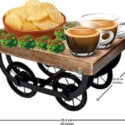 Antique Home Decor Handmade Wood & Wrought Iron Thela Trolly, Snacks Serving Trays Wooden Platter Moveable Wheels for Serving Tea and Snacks, Thela Trolly Style Tray Tray Serving Set-1