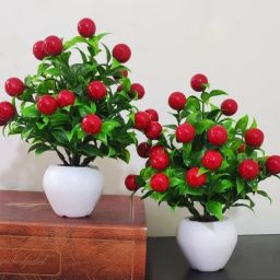 Best For Home /Office Table Decoration or Gift Table Flower Pot Pack of 2 Green, Red Cherry Blossom, Apple Blossom, Cherry Artificial Flower with Pot-7
