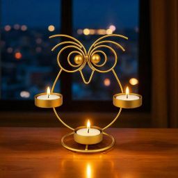 Metal Owl Tealight Candle Holder 21cm with 2 Trays for Diwali Table Décor Shelf Iron Candle Holder-image-51
