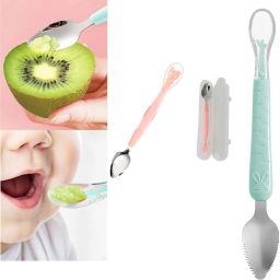 Double Head Baby Silicone, Steel Food Fruit Scraping & Feeding Spoon- Steel-picture-16
