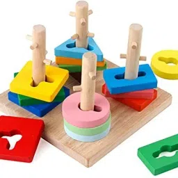 little mind Wooden Geometric Shape Four Column Blocks Stacking Puzzle Toy for Kids image 5