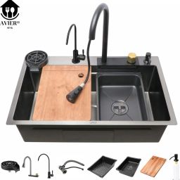 Kitchen Sink 30X18X9 Inch Waterfall Kitchen Sink with Integrated PullDown Faucet Waterfall Sink Stainless steel Matt Finish_A153 Under Counter Basin-image-48