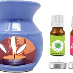 PEEPRESION Ceramic Aroma Blue Burner with 2 Scented Aroma Oil(10ml Each) & T-light Candles Home, Office, Spa, Hotel, Temple, Club, Pub Bar, Gym, Bed Room Diffuser-56