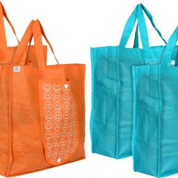 Foldable Reusable Smiley Printed Shopping Bag with One Small Pocket (Set Of 4,Orange & Blue) Pack of 4 Grocery Bags-image-1