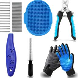 Dog Grooming Kit for Puppies & Dogs & Cats Pet Bath Brush Grooming Comb with Adjustable Ring + Dog Nail Clippers with Filer + Pet Bath Glove Grooming + Double Side Steel Comb for Puppy, Cat and Kitten - 4 in 1 Dog Combo (Color May Vary) Plain/ Bristle Brushes forDog, Cat, Guinea Pig, Hamster, Horse, Rabbit, Dog & Cat-image-2