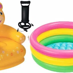 Combo Happy Animal Teddy Sofa/ Chair (Yellow) with Inflatable Swimming Pool Bath Tube, Multi Colour (2-Feet) with Air Filling Pump for Kids Outdoor toy Inflatable Pool Accessory-21