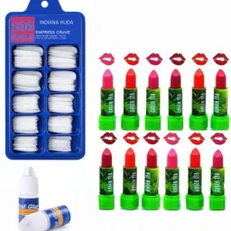 100 Pcs Reusable Acrylic False Nails With Nail Glue & Green Tea Long Lasting Matte Finish Lipstick-26