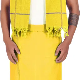 Prakasam Cotton yellow bentex Single Dhoti & matching Towel Solid Men Dhoti-image-3