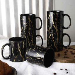 the decor mart Glazed 270ml Black & Gold Ceramic (Set of 6) Coffee Mug-picture-17