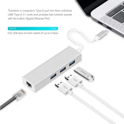 RuhZa Type -C to 3-Port USB Hub + RJ45 Adapter - Type-C to Gigabit Ethernet LAN Wired Ethernet Lan Adapter compatible with Linux, Mac, Ubuntu, Windows-image-88