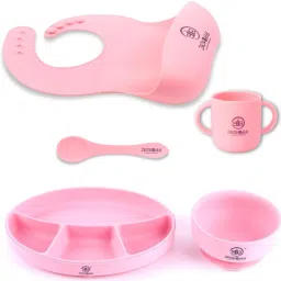 Baby Feeding Set - Bib, Spoon, Open Handle Cup, Suction Base Oval Plate & Bowl - 100 % Food Grade Silicone-picture-5