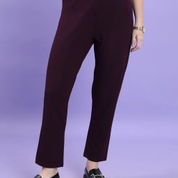 Women Slim Fit Maroon Cotton Blend Trousers-image-70