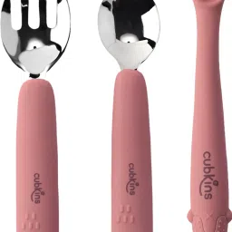 Stainless Steel Spoon, Fork Set with Early Feeding Bendable Spoon- 100% Food Grade Silicone, Stainless Steel Fork & Spoon Heads-26