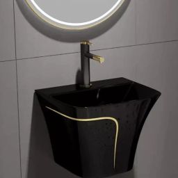 HB :010 Premium Quality Designer Ceramic Shining Black Semi Pedistal Wash Basin With Yellow Finishing Line Wall Hung Basin-image-21