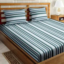 bella casa Green Striped 180 TC Cotton King Bedsheet with 2 Pillow Covers-picture-18