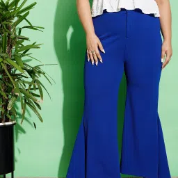 Women Flared Blue Crepe Trousers-image-34