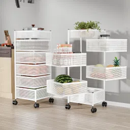 Pack of 2 Kitchen 5+1 Layer Metal Storage Rack with Wheels | Square Shape -White Iron Kitchen Trolley-image-45