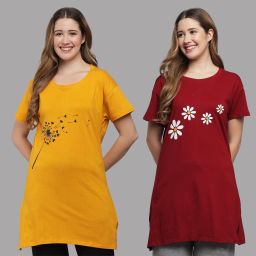 Pack of 2 Women Printed Round Neck Pure Cotton Multicolor T-Shirt-image-89