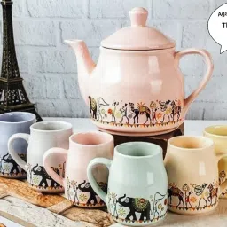 Pack of 7 Ceramic Ceramic Flask Shape Animal Printed 6 Cups with Katli Pot Set-38