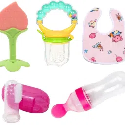 Baby combo of 5pcs, Spoonfeeding with teether, Rattle Nibbler, brush with bib Feeder-0