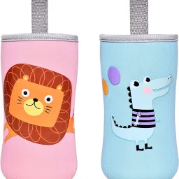 Cute Animated Patterned Soft Stretchable Baby Feeding Bottle Cover with Easy to Hold Strap for 120ml, 150ml, 240ml (Dinosaur & Lion, Pack of 2)-picture-9