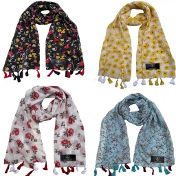 Floral Print Chiffon Women Multicolor Scarf, Stole-image-10