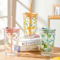 Cherry Reusable Glass Tumbler with Airtight Lid and Straw Glass Tumbler-image-6