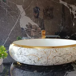 Premium Designer Table Top Counter Top Golden Wash Basin Gold Ceramic Wash Basin L-2201(L61 X W43 X H14Cm) Very Stylish Bathroom Golden Ceramic Wash Basin Table Top Basin-picture-12