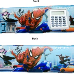 1 Spiderman Art Plastic Pencil Box with Calculator pack of 01 Geometry Box-8