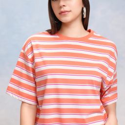 Women Striped Round Neck Cotton Blend Multicolor T-Shirt-image-41